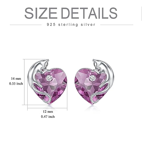 AOBOCO 925 Sterling Silver Cute Cat Studs Earrings for Women | Heart Crystals from Austira Cats Jewelry Gifts for Cat Lovers - color: Amethyst Purple