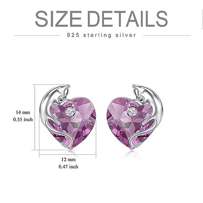 AOBOCO 925 Sterling Silver Cute Cat Studs Earrings for Women | Heart Crystals from Austira Cats Jewelry Gifts for Cat Lovers - color: Amethyst Purple