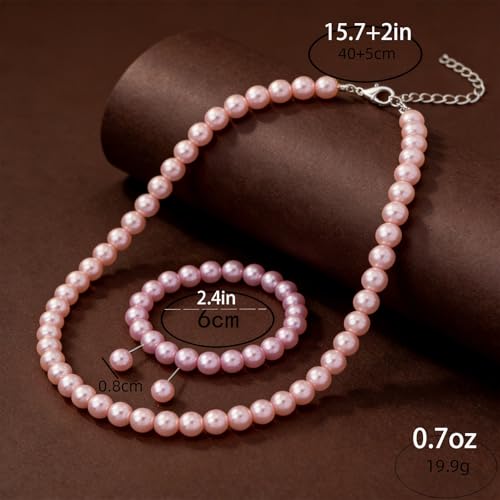 FORUBUS Imitation Pearl Jewelry Set for Women, 8mm Pearl Bead Necklace Earrings and Bracelet 3-Piece Set, 18" Round Faux Pearl Strand for Wedding, Bridal, Prom - color: Pink