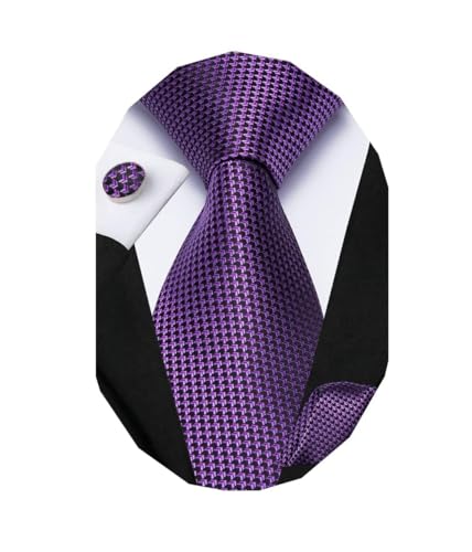 Dubulle Mens Paisley Striped Tie Woven Necktie for Men and Handkerchief Cufflinks Set Wedding Formal Business - color: Black Purple