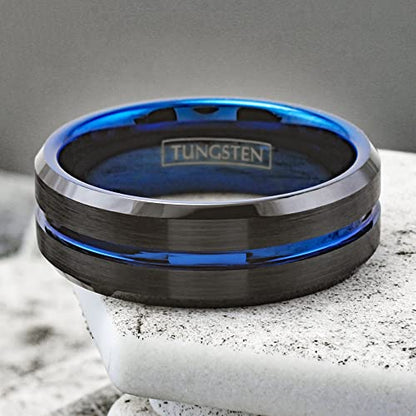 Engraved Personalized 6mm/8mm Brushed Finish Black Tungsten Carbide Band Ring w/Brilliant Thin Blue Line Stripe, Matching Blue Inner Band & Black Beveled Edges.