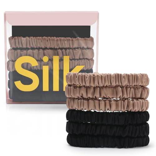 6Pcs Silk Hair Ties 100% Pure Mulberry Silk Scrunchies for Women Girls | No Hair Crease, Anti Frizz, Gentle Hold, No Damage, Color 02 - color: Black&Brown