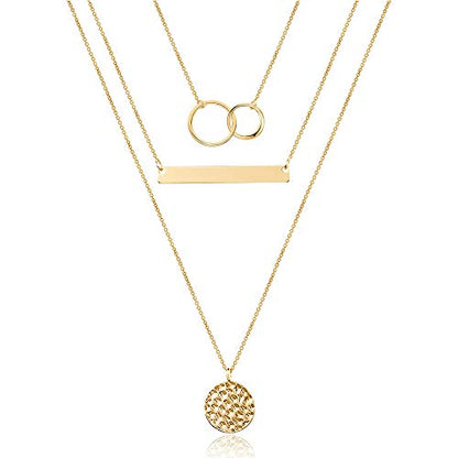 Turandoss Dainty Layered Choker Necklace, Handmade Y Pendant Necklace Multilayer Bar Disc Necklace Adjustable Layering Choker Necklaces for Women - style: "3PCS - Two Circles&Bar&Hammered Disc