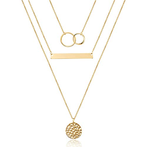 Turandoss Dainty Layered Choker Necklace, Handmade Y Pendant Necklace Multilayer Bar Disc Necklace Adjustable Layering Choker Necklaces for Women - style: "3PCS - Two Circles&Bar&Hammered Disc