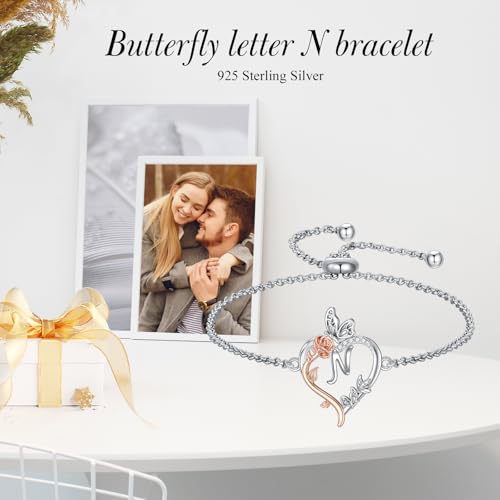 TOUPOP Gifts for Women Rose Heart Initial Bracelet 925 Sterling Silver Butterfly Letter Link Bracelet Love Jewelry Anniversary Birthday Gifts for Wife Girlfriend Mom Her - style: Initial N