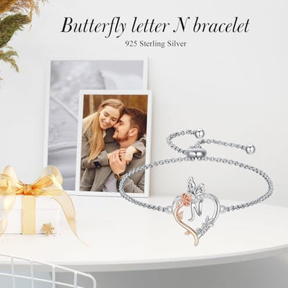 TOUPOP Gifts for Women Rose Heart Initial Bracelet 925 Sterling Silver Butterfly Letter Link Bracelet Love Jewelry Anniversary Birthday Gifts for Wife Girlfriend Mom Her - style: Initial N