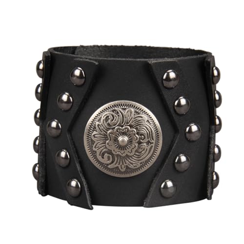 JAOYU Punk Leather Cuff Bracelet Goth Leather Wristband Rock Bracelet Biker Bracelet for Men Leather Armband Black Handmade Jewelry - color: Flower Black Leather Bracelet