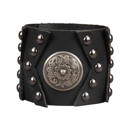 JAOYU Punk Leather Cuff Bracelet Goth Leather Wristband Rock Bracelet Biker Bracelet for Men Leather Armband Black Handmade Jewelry - color: Flower Black Leather Bracelet