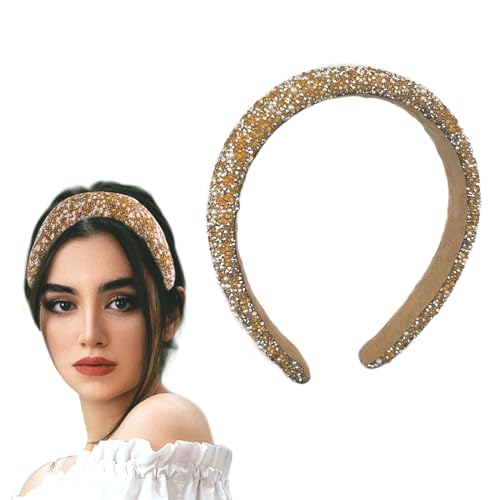 Glitter Crystal Headband for Women Sparkly Bling Diamond Headband Wide Hairband Sparkle Beaded Crystal Headband Thick Padded Headband for Party Non Slip Glitter Hair Hoop (Champagne, L) - color: Champagne