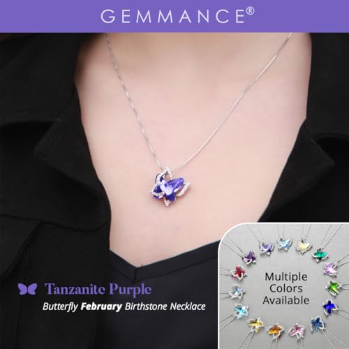 Butterfly Necklace, Birthstone Crystal, for Women, Silver Tone Pendant Jewelry, Anniversary Birthday Gift for Her, Wife & Mom, 18"+2" - color: 02b-February Birthstone - Tanzanite Purple Crystal