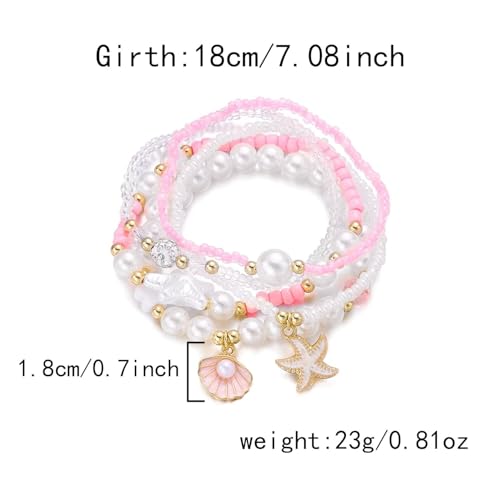 Boho Stackable Beaded Bracelet Set, Pink, Starfish Shell Pearl Charms, Elastic Handmade Layered Stretch Bracelets, Summer Beach Holiday Jewelry for Women - color: Pink C