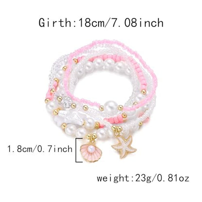Boho Stackable Beaded Bracelet Set, Pink, Starfish Shell Pearl Charms, Elastic Handmade Layered Stretch Bracelets, Summer Beach Holiday Jewelry for Women - color: Pink C