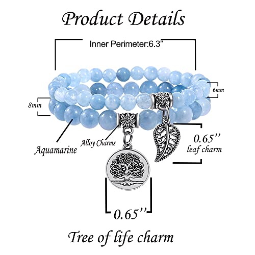 Bivei Natural Semi Precious Gemstone beads bracelet for women - Life Tree and Leaf Charm Energy Reiki Crystal Stretch Bracelets - color: Aquamarine Bracelets Set, size: Medium:6.8-7.24inch