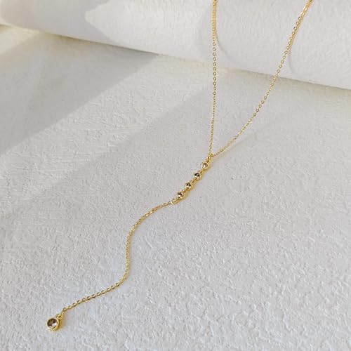 Luxval Lariat Gold Necklace for Women, Dainty Long Necklace 14k Gold Plated/Silver Y-Shaped Pendant Necklaces Trendy Beaded Chain Drop Necklaces Jewelry for Women Gifts - color: Gold-Four CZ Y Necklace