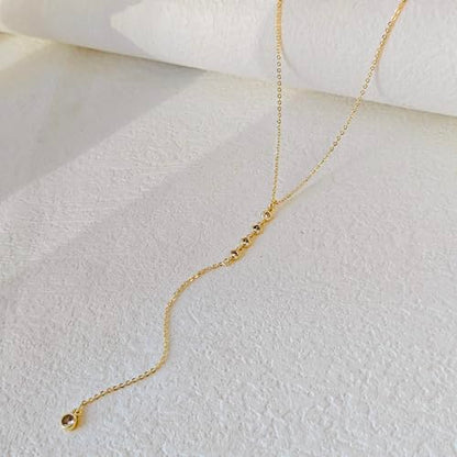 Luxval Lariat Gold Necklace for Women, Dainty Long Necklace 14k Gold Plated/Silver Y-Shaped Pendant Necklaces Trendy Beaded Chain Drop Necklaces Jewelry for Women Gifts - color: Gold-Four CZ Y Necklace