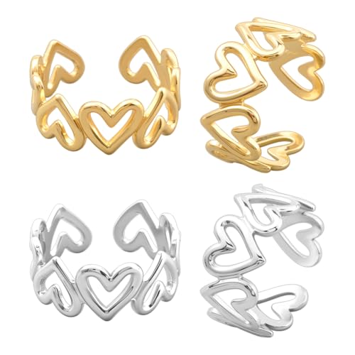 Geometric Heart Band Rings Gold Silver Stainless Steel Geometric Finger Rings with Hollow Circle Square Boho Thumb Open Statement Ring for DIY Women Party Decoration - style: Love
