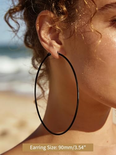 FindChic Thin Hoop Earrings for Women,Silver/Black/Gold Plated 20-100mm - color: Black, size: 90mm