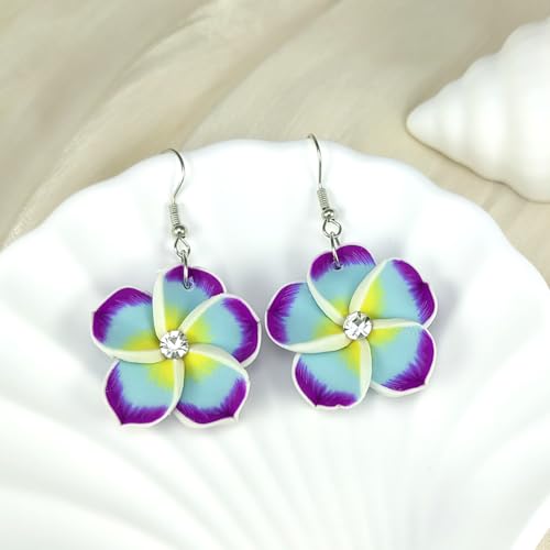Floral Dangle Earrings for Women Hawaiian Tropical Plumeria Rubra Flower Drop Earrings with Cubic Zirconia Luau Beach Party Vacation Hawaiian Accessories Jewelry Gift - color: Purple