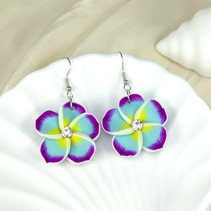 Floral Dangle Earrings for Women Hawaiian Tropical Plumeria Rubra Flower Drop Earrings with Cubic Zirconia Luau Beach Party Vacation Hawaiian Accessories Jewelry Gift - color: Purple