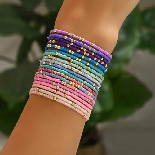 Cute Handmade Colorful Tiny Seed Beads Stackable Bracelets Set Bohemian Gold Beaded Elastic Multilayered Stretch Bracelet for Women Rainbow Surfer Boho Beach Jewelry - style: Set B