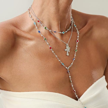 Silvery Layered Necklace for Women, Y Necklace with Cross Pendant, Dainty Stackable Jewelry Gift for Everyday Wear - style: 3PCS - Colorful Chain&2 Cross&Colorful Chain