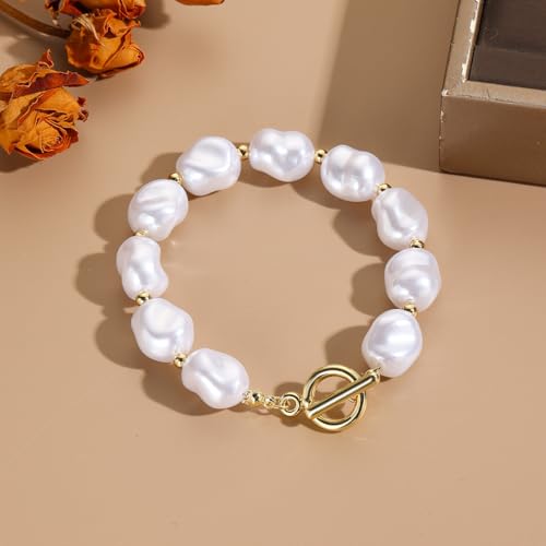 Baroque Pearl Bracelet for Women Elegant Gold Plated Irregular Chunky Pearls Bracelets Summer Starfish Seashell Conch Cuff Bracelets Jewelry for Vacation - color: white gold