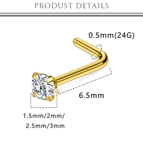 Hoeudjo Hypoallergenic Nose Rings Studs 24G Surgical Stainless Steel Cubic Zirconia Nose Studs for Women Men Screw & Bone & L Shaped Nostril Piercing Jewelry with 1.5mm 2mm 2.5mm 3mm CZ - color: goldtone,L-shaped nose studs