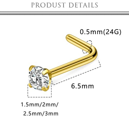 Hoeudjo Hypoallergenic Nose Rings Studs 24G Surgical Stainless Steel Cubic Zirconia Nose Studs for Women Men Screw & Bone & L Shaped Nostril Piercing Jewelry with 1.5mm 2mm 2.5mm 3mm CZ - color: goldtone,L-shaped nose studs