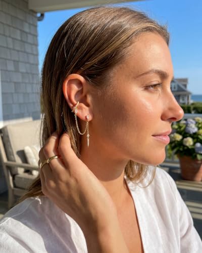 Gold Earrings for Women Trendy 14K Gold Plated Dangle Earrings Small Hoop Huggie Drop Stud Earrings Cubic Zirconia Simple Minimalist Dainty Chain Tassel Hypoallergenic Earrings - color: Ear Cuff & Gold