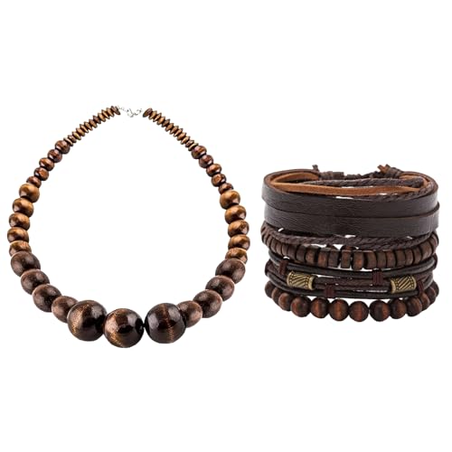 Wood Bead Necklace Africa Wooden Chain Statement Unisex Chunky Necklaces - color: 1 wood necklace+1#