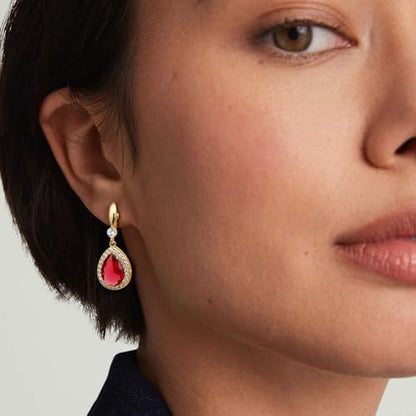 THUNARAZ Clip on Dangle Earrings for Women, Rhinestone Wedding Prom Jewelry | Clip Earrings Non-Pierced, Teardrop Dangle Earrings, Crystal Drop Earrings, Elegant Rhinestone Jewelry for Bride Bridesmaid - color: Gold Tone/Red Stone