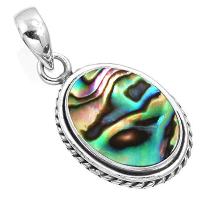 Chunky Natural Gemstone Pendant Necklace For Women Onyx, Turquoise, Amber, Garnet Oval Boho Genuine 925 Sterling Silver Handmade Jewelry - color: Abalone Shell