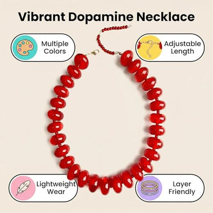 Chunky Beaded Statement Necklace for Women, Colorful Rondelle Bead, Bohemian Style, Adjustable Length, Summer Beach Accessory - color: vibrant red