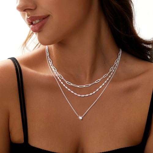 Layered Gold Necklace Set for Women Dainty Waterproof Cute Choker | 14K Gold Plated Minimalist Non Tarnish Lightweight CZ Pendant Pearl Twist Paperclip Chain Jewelry Gifts - style: 3PCS-Paperclip chain zircon-SL