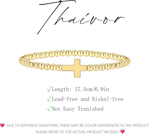 Beaded Bracelets for Women 14K Silver Gold Plated Stretch Handmade Ball Bracelets Cute Charm Bracelet Dainty Stackable Cross Heart Bow Wave CZ Circle Trendy Jewelry Easter Gifts - color: cross
