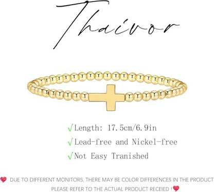 Beaded Bracelets for Women 14K Silver Gold Plated Stretch Handmade Ball Bracelets Cute Charm Bracelet Dainty Stackable Cross Heart Bow Wave CZ Circle Trendy Jewelry Easter Gifts - color: cross