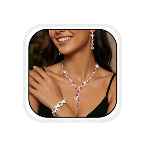 Silver Wedding Jewelry Sets Rhinestone Necklace Earrings Bracelet Set Prom Formal Costume Jewelry for Women and Brides - color: Red