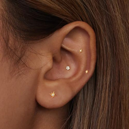 Flat Back Stud Cartilage Earrings Tragus Helix Piercing Jewelry Titanium | Conch Nose Piercing,Small Tiny Studs for Women,Threadless/Internally Threaded,Surgical Steel,Hypoallergenic,16G/18G/20G - color: Gold02-Starburst (6mm*1+8mm*1), size: Threadless-16
