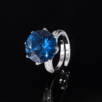 Large Round Gem 8-Prong Open Ring, 3 Colors Red Blue Aqua Green Triple Pave Silver Heavy Cocktail Ring for Women - color: blue