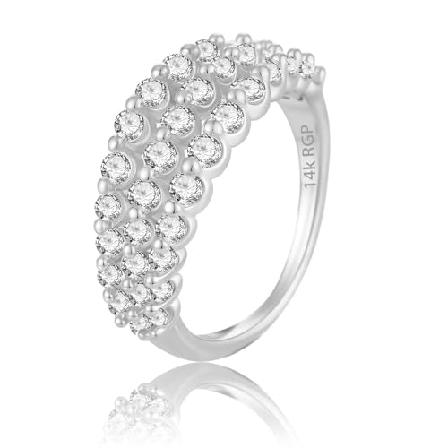 Wedding Bands for Women 14K Gold Plated Cubic Zirconia Triple Half Eternity Ring Stacking Statement Rings Gift for Her Size 5 to 10 - color: Silver
