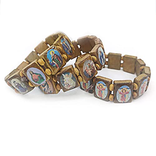 DATOA 4Pcs Wooden Jesus Virgin Mary Bracelet Saints Rosary Stretch Wooden Small Panel Bracelet Religious Saints Jesus Gift - style: Style A