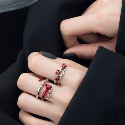 Copper Alloy White Gold Plated Red Rose Shaped Resin Art Gem Ring Set Open Adjustable Stackable Romantic Unique Design Multi-Finger Rings for Women with Premium Gift Box - color: B