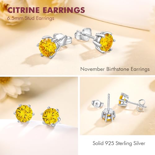 DAYBYDAY 925 Sterling Silver Birthstone Earrings for Women, Crystal Stud Earrings, 6.5mm Round Cut Solitaire Gemstone Earrings Birthday Jewelry - style: Round Cut-11. Nov/created citrine