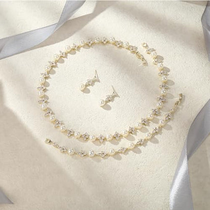 EVER FAITH Cubic Zirconia Pearl Leaf Bridal Jewelry Set for Bride Women - color: Floral_Gold-Plated-Brass