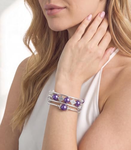 Beaded Pearl Bangle Wrap Bracelet - Fashion Bohemian Jewelry Multilayer Charm Bracelet with Thick Silver Metal Beads, Gift For Women - color: Purple pearl