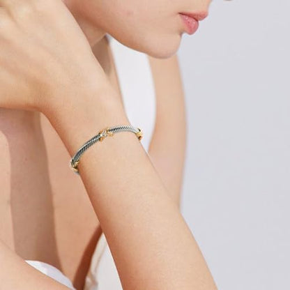 Twisted Cable Cuff Bracelets for Women 5mm Stainless Steel Cuff Bangle Bracelet Designer Inspired Jewelry Valentine Day Gift - color: C Silver & Gold