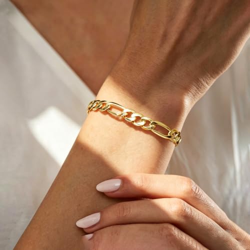 14K Gold Figaro Bracelet for Men Women 6mm/8mm, Non-Tarnish Lobster Clasp | Diamond-Cut Figaro Link Bracelet, 7.5/8/8.5in Gold Chain, Hypoallergenic, Trendy Dainty Jewelry Gift - size: 8mm Figaro Bracelet