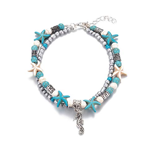 Softones Blue Starfish Turtle Anklet Multilayer Charm Beads Sea Handmade Boho Anklet Foot Jewelry for Women - style: M:Sea Horse