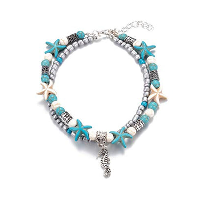 Softones Blue Starfish Turtle Anklet Multilayer Charm Beads Sea Handmade Boho Anklet Foot Jewelry for Women - style: M:Sea Horse