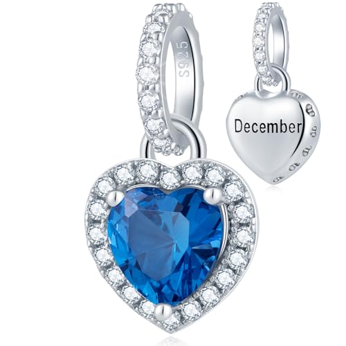 CHAWIN Birthstone Charms, 925 Sterling Silver Heart Dangle Charm, Sparkling CZ Compatible with Pandora Charm Bracelet, Necklace, Birthday Gifts for Women/Wife/Mother - style: 12# December